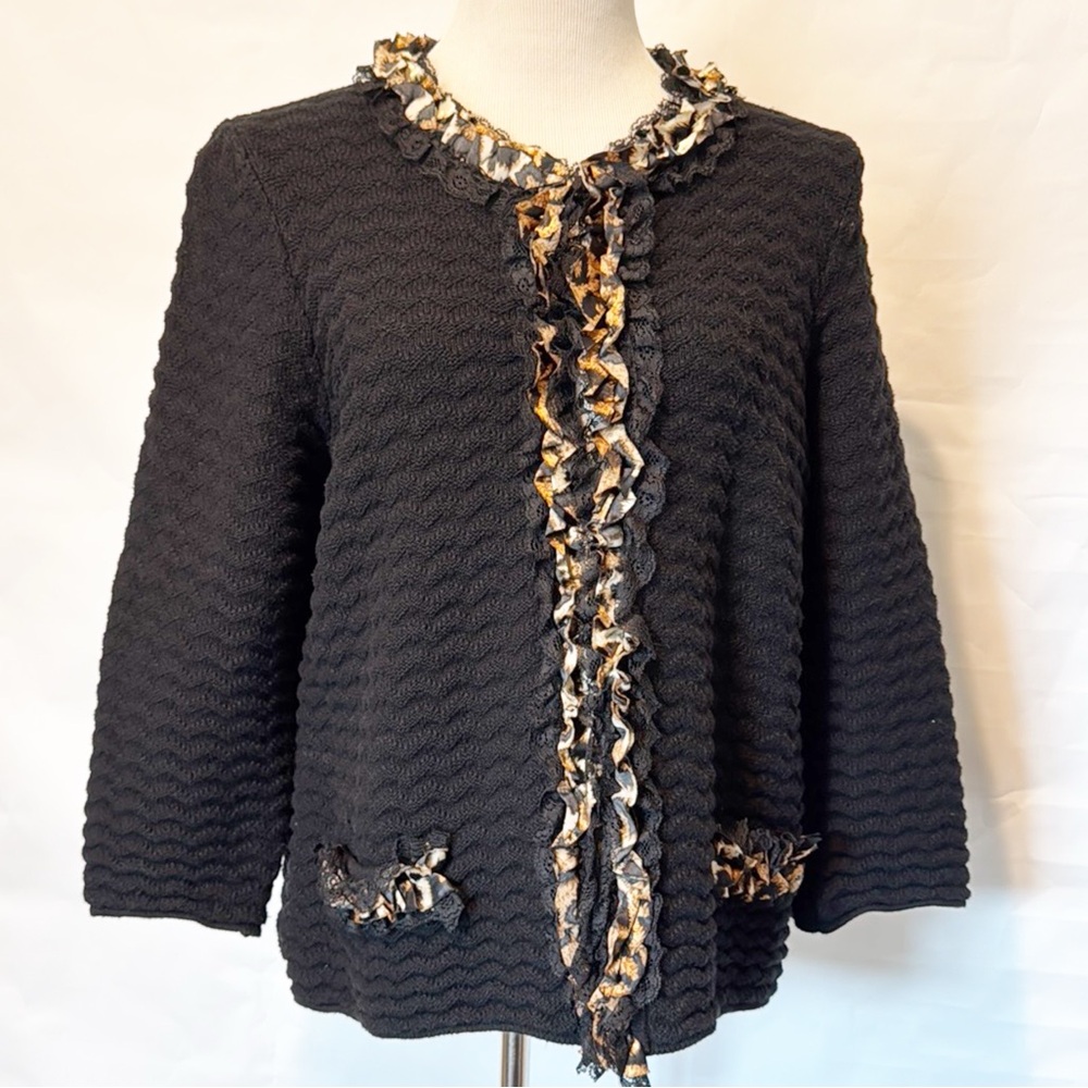 Chico's Textured Knit Leopard Print Ruffled Cardigan (3 /XL)